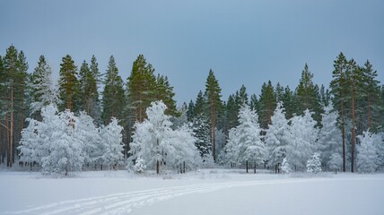 Fototapeta premium Serene snow covered pine forest with fresh tracks in winter landscape