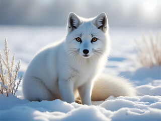 Arctic fox with bright orange eyes sits in snowy landscape vulpes lagopus white fox