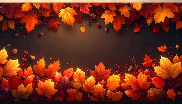 Vibrant autumn leaves in shades of orange, yellow, and red frame a dark background, perfect for seasonal greetings, Thanksgiving cards, or festive designs.