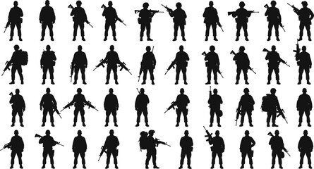 Armed soldier silhouette set, tactical military poses, black vector icons, combat gear illustration, weapon stance collection, defense personnel graphic