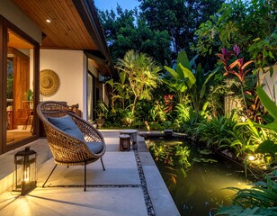 Obraz premium A serene modern tropical villa with open glass walls, warm wooden accents, lush greenery, and a tranquil garden pond illuminated by soft ambient lighting, creating a peaceful evening retreat