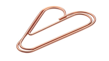 Rose gold paperclip shaped into a heart, symbolizing love and office romance isolated on transparent background