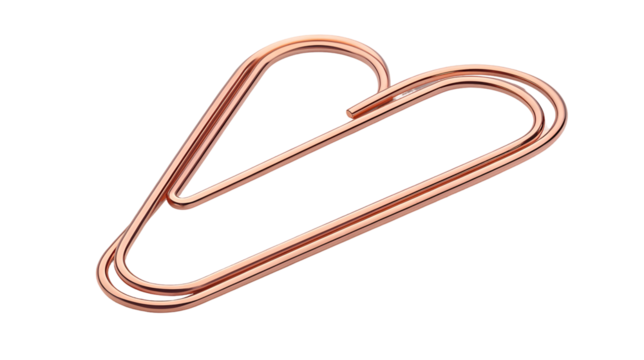 Rose gold paperclip shaped into a heart, symbolizing love and office romance isolated on transparent background