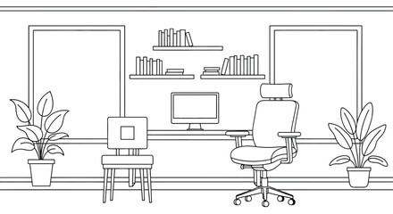 Modern home office setup with ergonomic chair and computer desk design editable