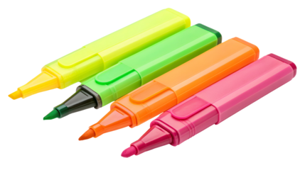 Set of four fluorescent highlighter pens featuring neon yellow, green, orange, and magenta colors, isolated on transparent background