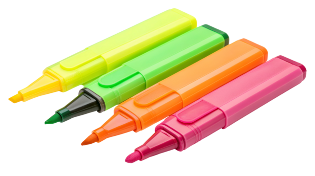 Set of four fluorescent highlighter pens featuring neon yellow, green, orange, and magenta colors, isolated on transparent background