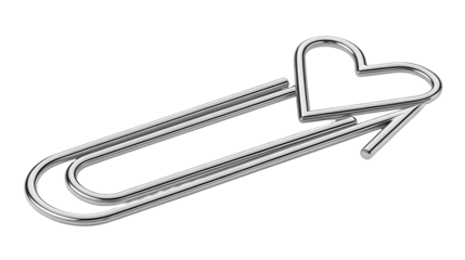Shiny metallic paperclip shaped as an arrow with a heart tip, representing love and connection isolated on transparent background