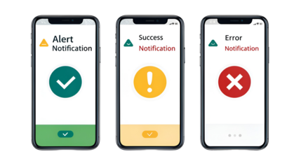 Smartphone screens showing UI design for Alert, Success, and Error mobile application notifications isolated on transparent background
