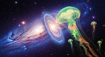 A vibrant, colorful underwater scene featuring a group of jellyfish swimming in a starry, cosmic setting.