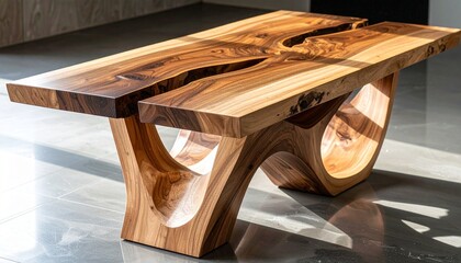 A stunning handcrafted wooden table with an artistic curved base and a split-top design showcasing natural grain patterns. Perfect blend of modern art and organic craftsmanship for any stylish space
