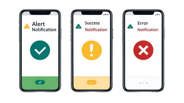 Smartphone screens showing UI design for Alert, Success, and Error mobile application notifications isolated on transparent background