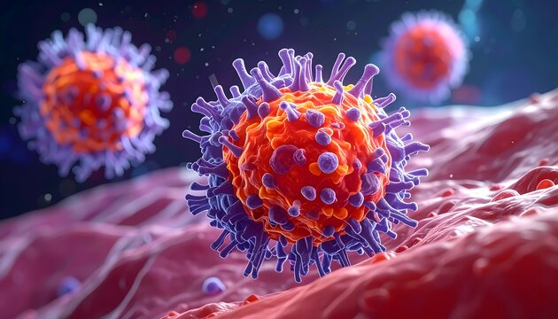3D microscopic rendering of a virus or pathogen with spiky proteins, possibly circulating near blood cells, representing disease or immune response.