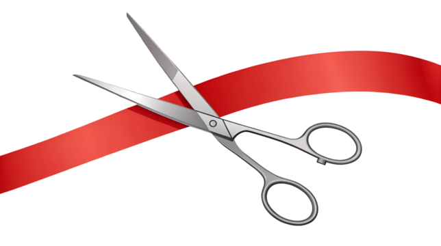 Silver scissors cutting a vibrant red ribbon symbolizing grand opening and inauguration isolated on transparent background