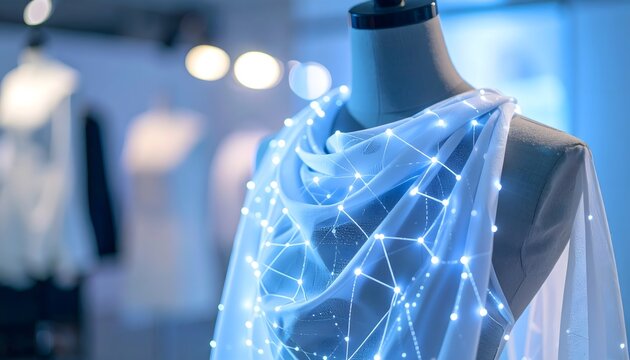 Smart textile fabric draped on a mannequin, featuring an illuminated sensor network of glowing blue nodes, representing wearable technology and future fashion.