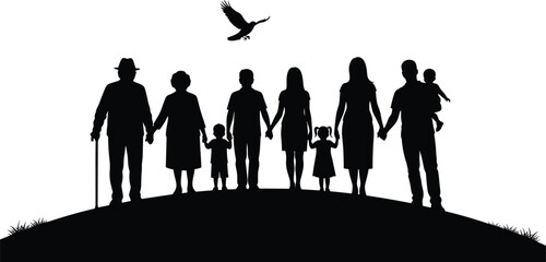 Family silhouette illustration, multi generational people standing together, grandparents parents and children, unity and love, black vector design, togetherness, heritage, bonding, community, support