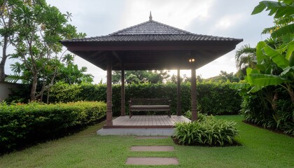 A peaceful wooden gazebo stands gracefully in a lush garden surrounded by vibrant greenery, offering a tranquil outdoor space for rest, reflection, and connection with nature under the open sky