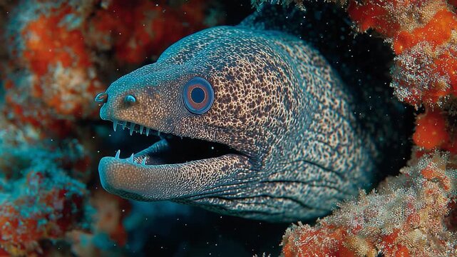 Moray Eel Open Mouth Close Up in Coral Reef