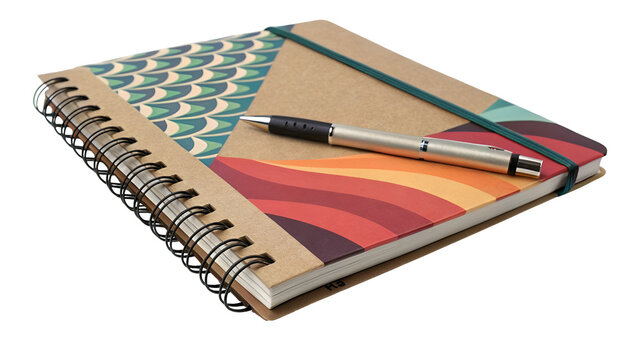 Spiral-bound notebook with a kraft paper cover, colorful retro patterns, and a metal pen isolated on transparent background. - Powered by Adobe