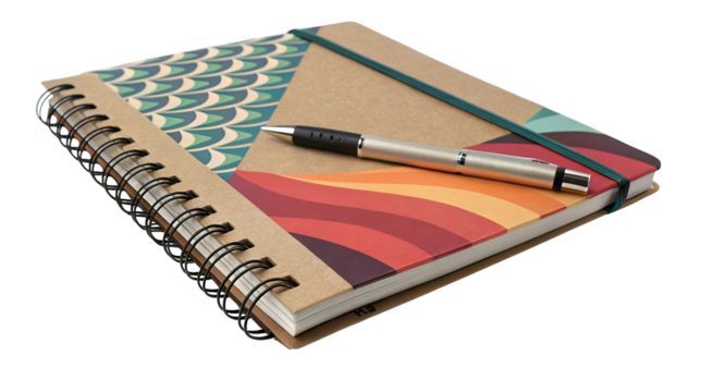 Spiral-bound notebook with a kraft paper cover, colorful retro patterns, and a metal pen isolated on transparent background.