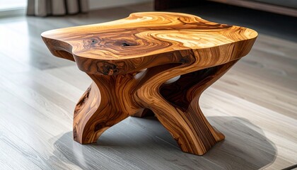 A sculptural wooden side table carved from a single block, showcasing flowing organic curves and rich natural wood grain — blending artistry, craftsmanship, and modern rustic elegance in one piece