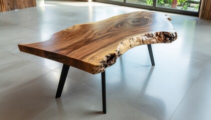 A stunning live-edge wooden coffee table featuring natural grain patterns and raw, organic contours, supported by sleek black metal legs — blending rustic charm with modern minimalist design