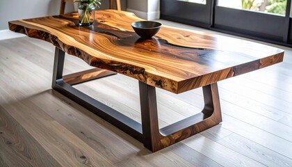 A stunning live-edge wooden coffee table featuring natural grain patterns and raw, organic contours, supported by sleek black metal legs — blending rustic charm with modern minimalist design