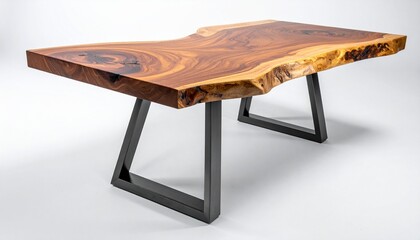 A stunning live-edge wooden coffee table featuring natural grain patterns and raw, organic contours, supported by sleek black metal legs — blending rustic charm with modern minimalist design
