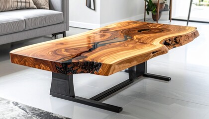 A stunning live-edge wooden coffee table featuring natural grain patterns and raw, organic contours, supported by sleek black metal legs — blending rustic charm with modern minimalist design
