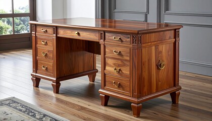 A finely crafted wooden office desk with a smooth polished surface and brass handles stands elegantly in a bright room, reflecting timeless design, durability, and a sense of refined professionalism