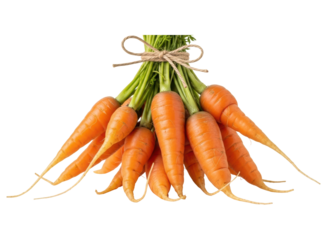Freshly harvested vibrant orange carrots with green tops tied with twine