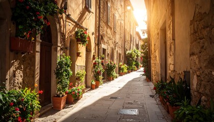Sun-drenched alleyway with colorful flowers