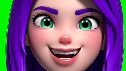 Closeup of a cheerful 3D animated cartoon girl with vibrant purple hair and bright green eyes expressing happiness and joy with a wide smile on a green screen background ideal for childrens content a.