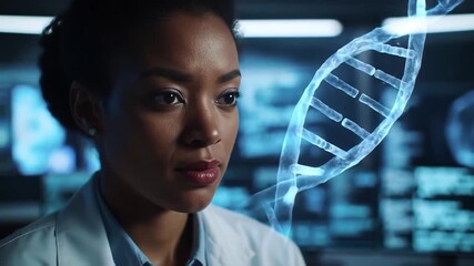 Closeup of a focused African American female scientist or researcher observing a glowing 3D DNA double helix hologram in a futuristic laboratory or research facility representing advanced genetic eng. - Powered by Adobe