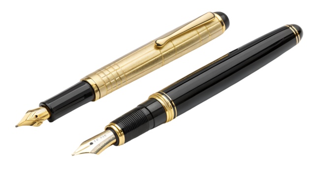 Two elegant fountain pens with polished black and textured gold barrels, resting together, isolated on transparent background