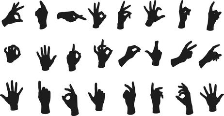 Hand gesture silhouettes, finger sign illustration, nonverbal communication vector, human hand symbols, expressive signs, black silhouette design, body language concept, stock art