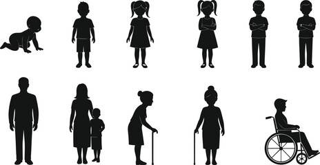 Human life stage silhouette set, black vector icons from infancy to old age, including mobility aids and intergenerational relationships