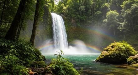 Obraz premium A majestic waterfall cascades down a lush green cliff, creating a stunning rainbow in the misty air.