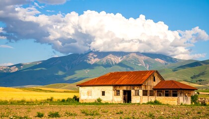 Rustic farmhouse in a valley, mountains in the background