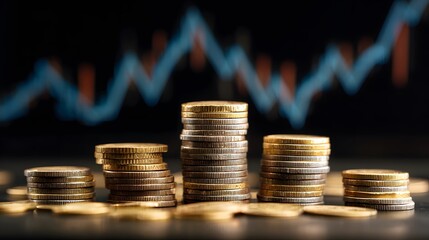 Stacks of coins arranged on a dark surface with a financial graph in the background