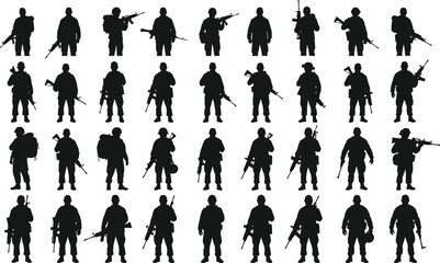 Military soldier silhouettes, armed forces poses, tactical combat stances, rifle and weapon
