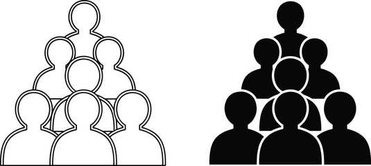 Pyramid group icon set, black and outline vector silhouettes of nine people in tiered formation, teamwork and hierarchy symbol design