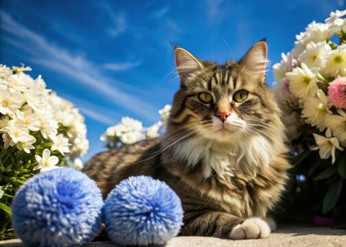 Whiskered ball of fluff lounging among vibrant blooms