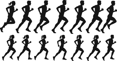 Running silhouettes, male and female athletes, jogging sequence illustration, dynamic human motion, sports training poses, fitness lifestyle concept, vector runners, exercise biomechanics artwork