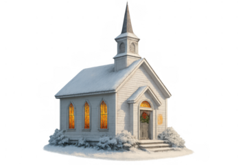 White chapel building covered in snow during winter, illuminated windows creating a cozy christmas holiday atmosphere