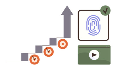 Staircase with targets leading upward, upward arrow, fingerprint authentication, and video tutorial. Ideal for growth, goals, security, learning achievement progress innovation. Simple flat