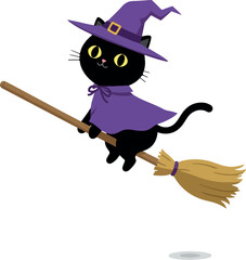Cute Black Cat Witch Flying Broomstick Purple Hat Cape Halloween Illustration