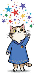 Cute Cat Character Wearing Blue Dress and Raising Paw with Colorful Stars