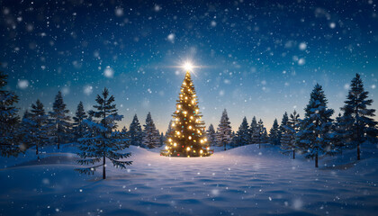 A brightly illuminated Christmas tree stands alone in a snow-covered clearing within a winter forest, with snowflakes falling under a blue evening sky.