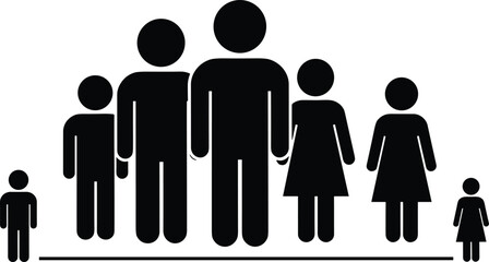 Silhouette people growth stages, human life cycle illustration, family generation concept, demographic development, abstract evolution figures, symmetrical design, vector art, stock image