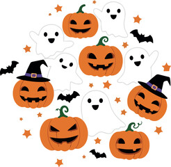 Cute Halloween Pumpkins and Ghosts with Bats and Stars